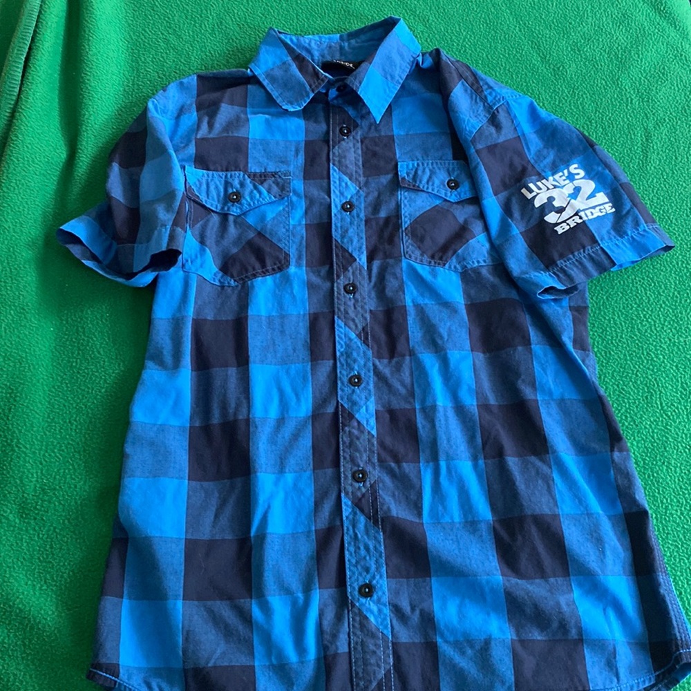 🧜‍♀️ Luke's 32 Bridge Blue Plaid Short Sleeve Button Up Shirt Small Burnside S